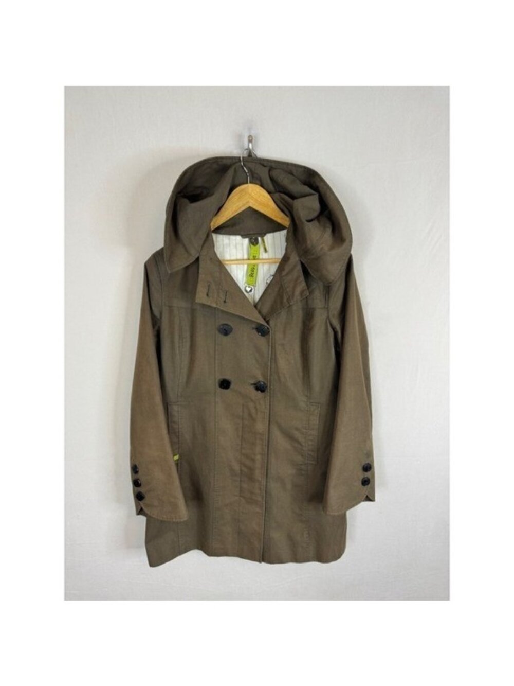 Soia & Kyo Womens Hooded Double Breasted Trench Coat Olive Brown Size L fits M